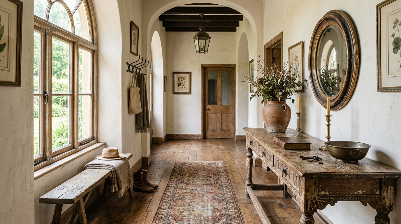 11) Style an entryway with distressed furniture